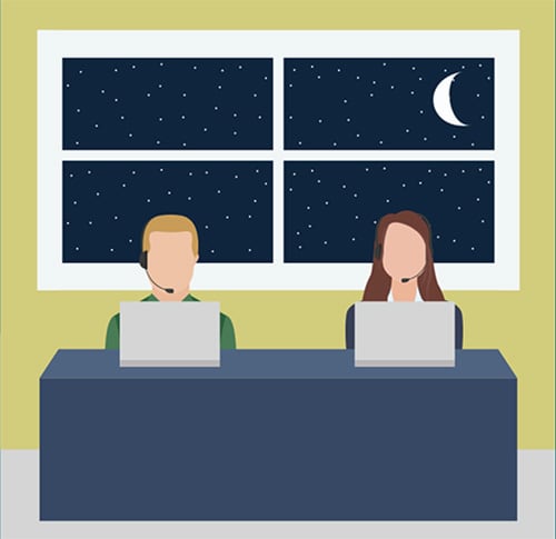 Illustration of two people working on laptop computers at night.