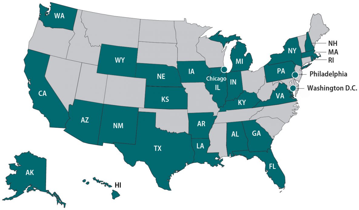 Map of United States highlighting OutbreakNet Enhanced sites: Alabama, Alaska, Arkansas, Arizona, California, Chicago, Florida, Georgia, Hawaii, Indiana, Kansas, Louisiana, Massachusetts, Michigan, Nebraska, New Hampshire, New Mexico, New York, Philadelphia, Texas, Rhode Island, Virginia, Washington, and Washington D.C.