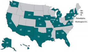 Map of United States highlighting OutbreakNet Enhanced sites: Alabama, Alaska, Arkansas, Arizona, California, Chicago, Florida, Georgia, Hawaii, Indiana, Kansas, Louisiana, Massachusetts, Michigan, Nebraska, New Hampshire, New Mexico, New York, Philadelphia, Texas, Rhode Island, Virginia, Washington, and Washington D.C.
