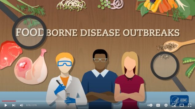Screen grab of YouTube video depicting 2d illustration of foodborne disease outbreak investigators