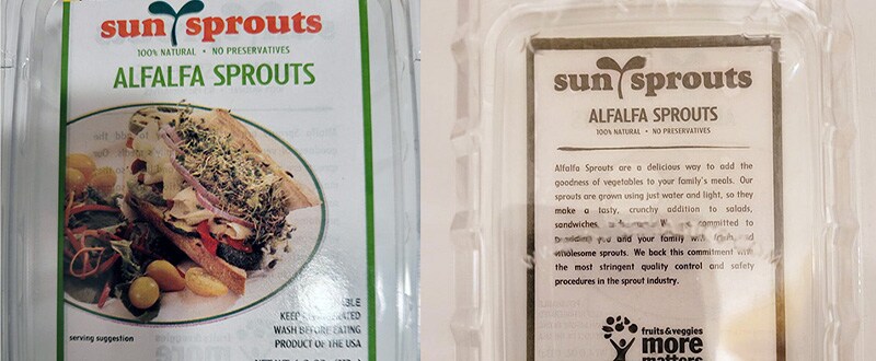Front and back of the alfalfa sprouts packaging