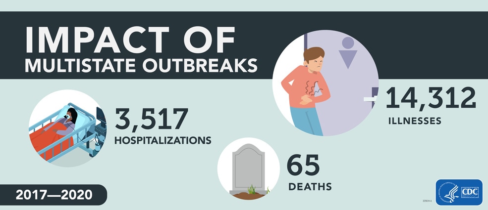 The 250 investigated multistate outbreaks resulted in 14,312 illnesses, 3,517 hospitalizations, and 65 deaths