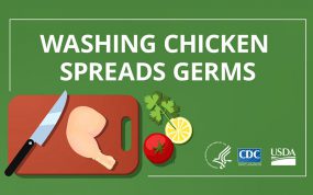 Illustration of chicken with text, "Washing Chicken Spreads Germs"