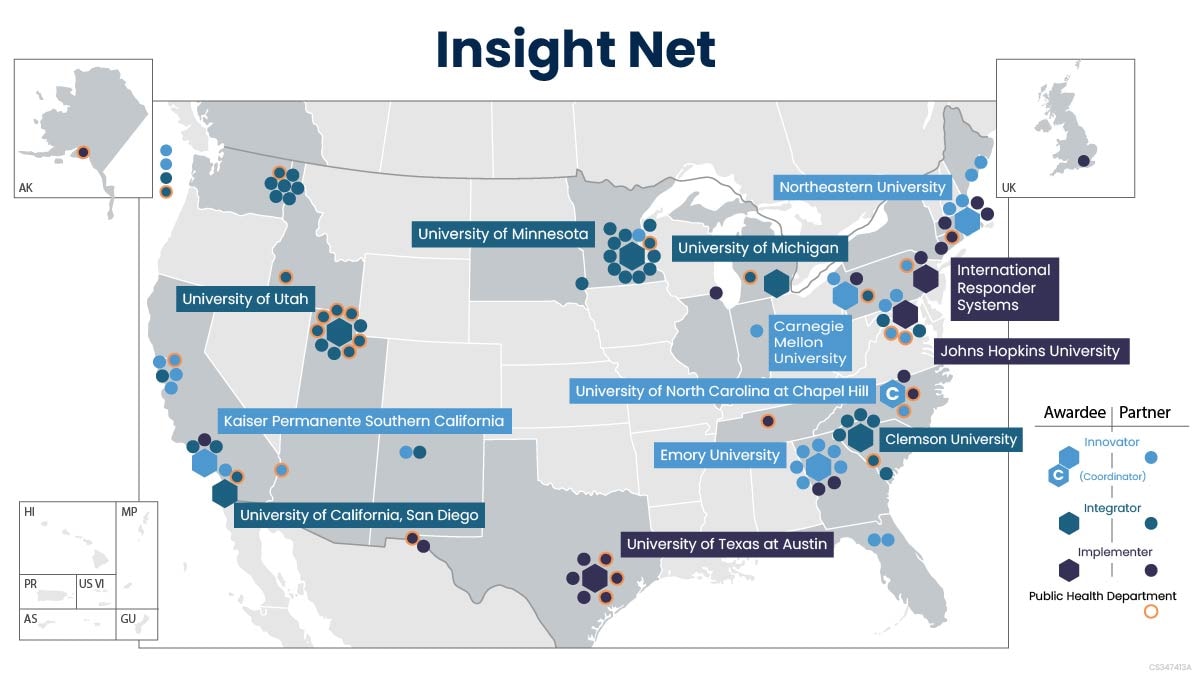 Map of the United States with Insight Net partner locations marked with blue hexagons