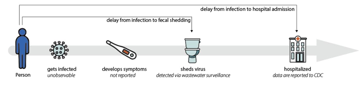 This diagram shows an example person's progression of illness. A person, COVID-19 virus, thermometer, toilet, and a hospital are overlayed on an arrow. When a person becomes infected with SARS-CoV-2, they usually shed the virus before they develop symptoms or become sick enough to be hospitalized. Hospital admissions can take a week or more to be reported to CDC.