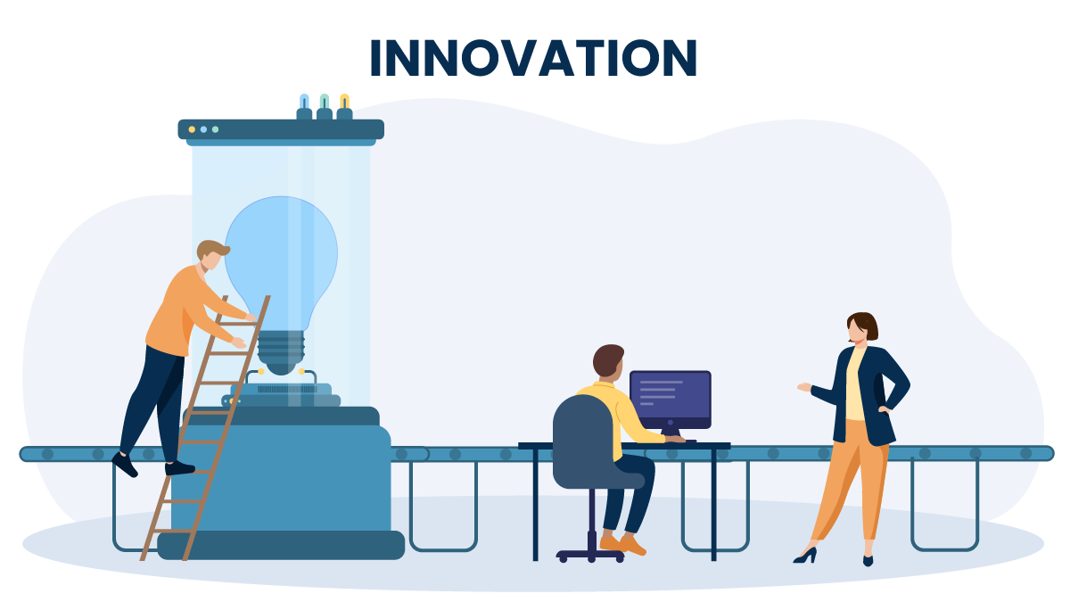Graphic that says "Innovation" and shows people collaborating