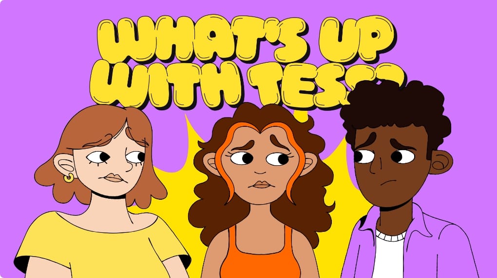 A screenshot of the graphic novel "What's Up with Tess" with Maya, Tess, and Noah looking at each other.