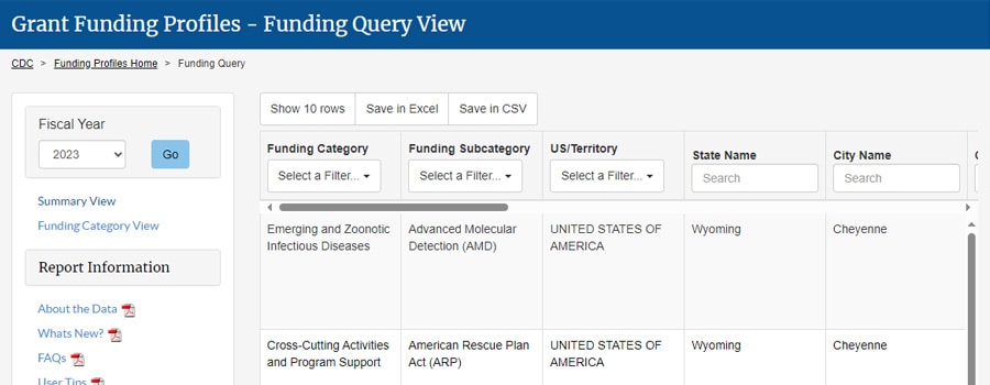 Fiscal Year 2023 Funding Profiles - Query view