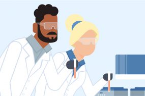 Graphic of Two woman and a man doing lab work