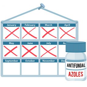 Image of a year calendar with January through May crossed out, and a pill bottle labeled as and “Antifungal” containing azoles.