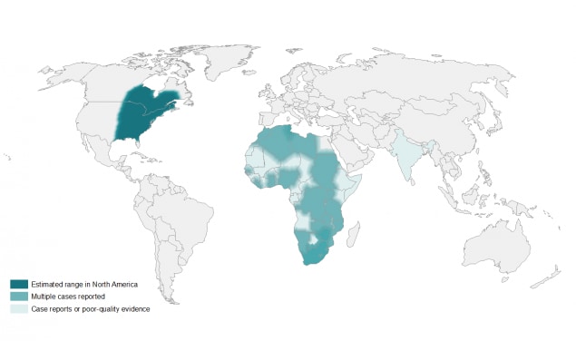 Map shows the approximate areas (called “endemic areas”) where Blastomyces is suspected to live worldwide