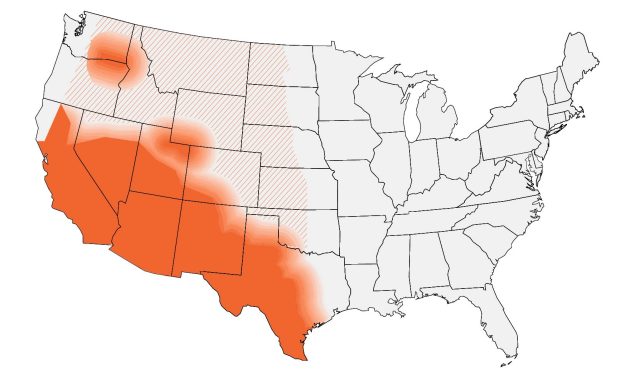 map of continental US showing places where patients live or having traveled to a coccidiodomycosis endemic area - mostly west of the Mississippi