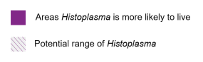 Dark purple: Areas Histoplasmosis is more likely to live; purple stripe: potential range of Histoplasmosis