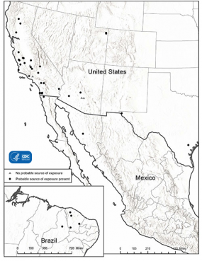 This map shows the locations of 40 coccidioidomycosis outbreaks that happened in the U.S., Mexico, and Brazil during 1940 –2017. In the United States, 25 outbreaks happened in California, 4 happened in Arizona, and 2 each happened in Utah and Texas. Five outbreaks occurred in Brazil, and 2 in Mexico. 