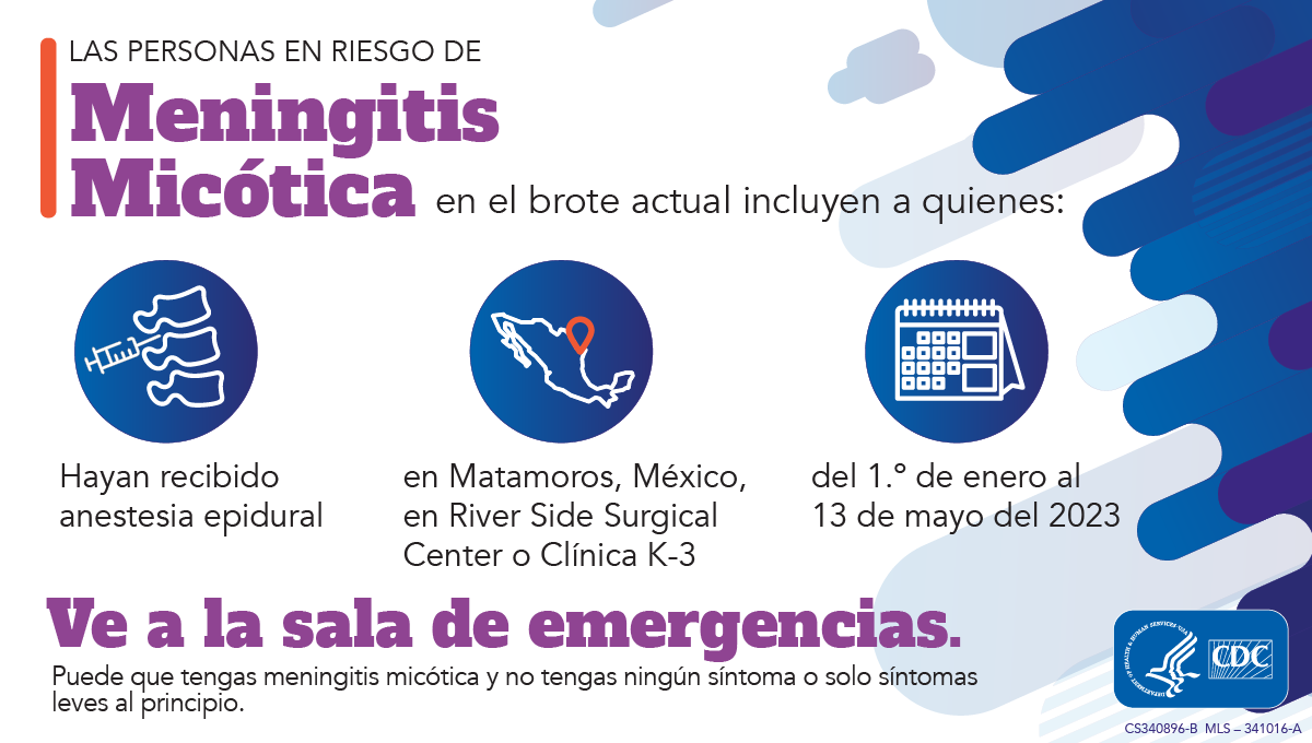 Brote actual de meningitis micótica: afecta a las personas, incluidos los residentes en los EE. UU., que hayan recibido anestesia epidural en Matamoros, México.