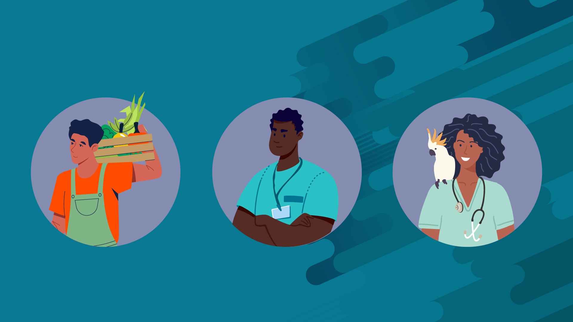 illustration of a farmer, a doctor, and a veterinarian.