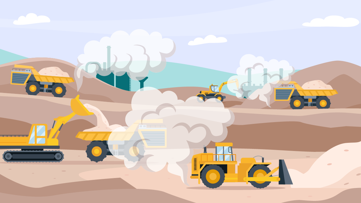 Construction site with several trucks with dust and piles of dirt.