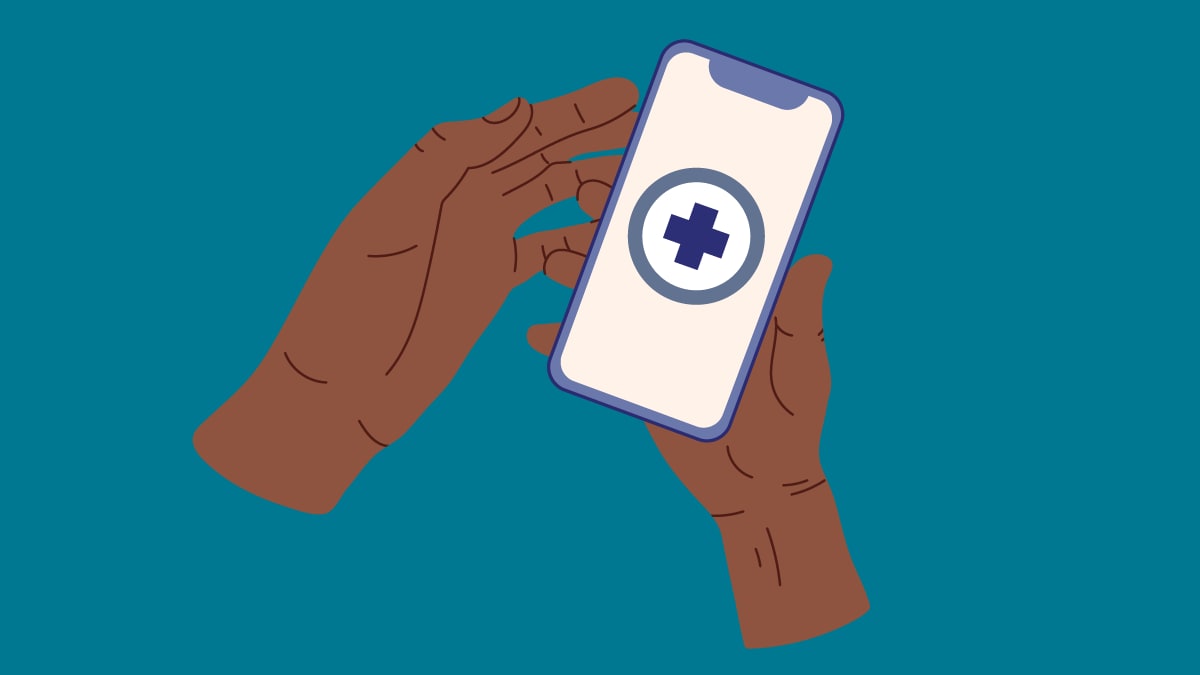 Cartoon depiction of a mobile medical resource appearing on a phone held by two hands