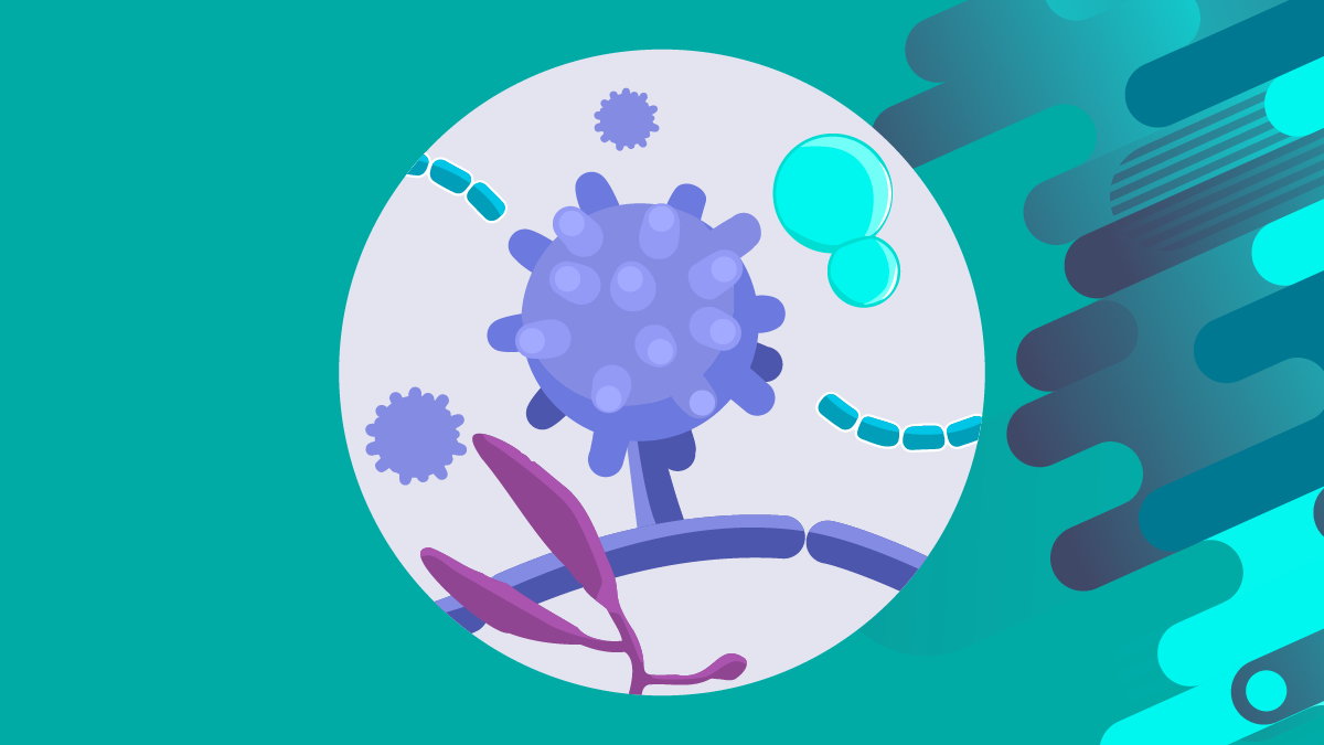 Cartoon depiction of a purple-colored fungal specimen under a microscope against a blue-green background.