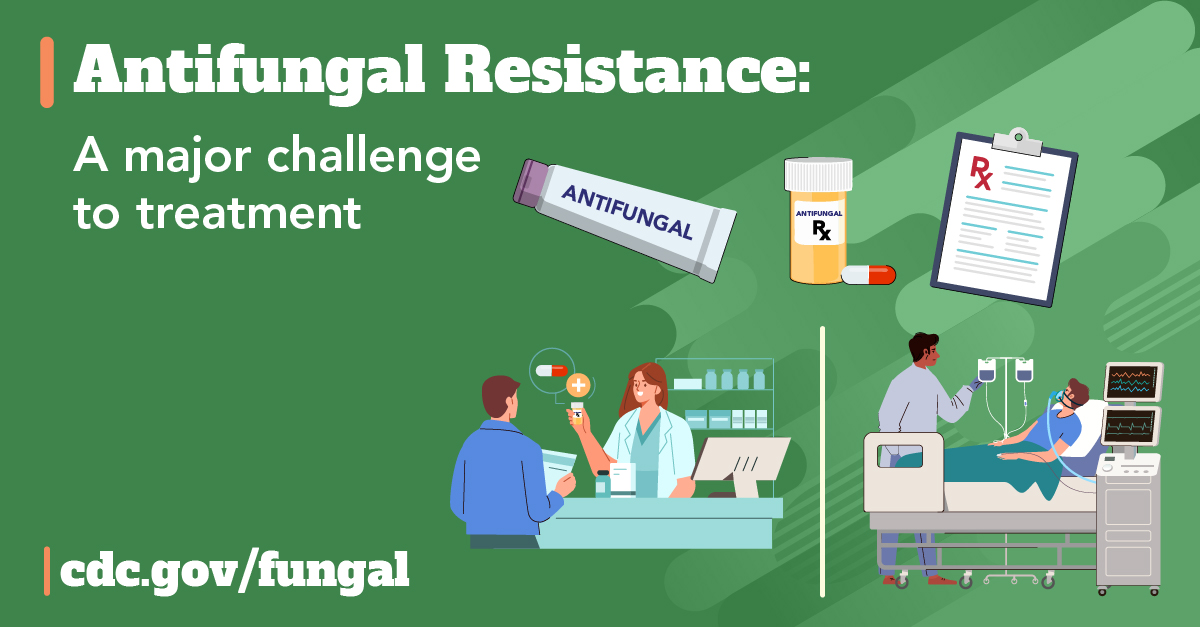 Text: Antifungal Resistance. A major challenge to treatment. Graphic shows healthcare providers with patients.