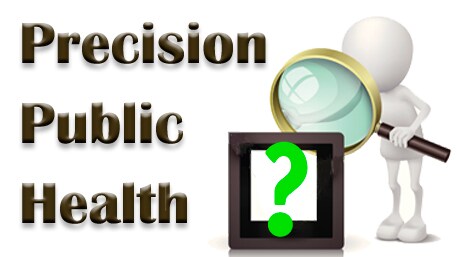 Precision Public Health with an image of a figure with a magnifying glass pointed to a question mark