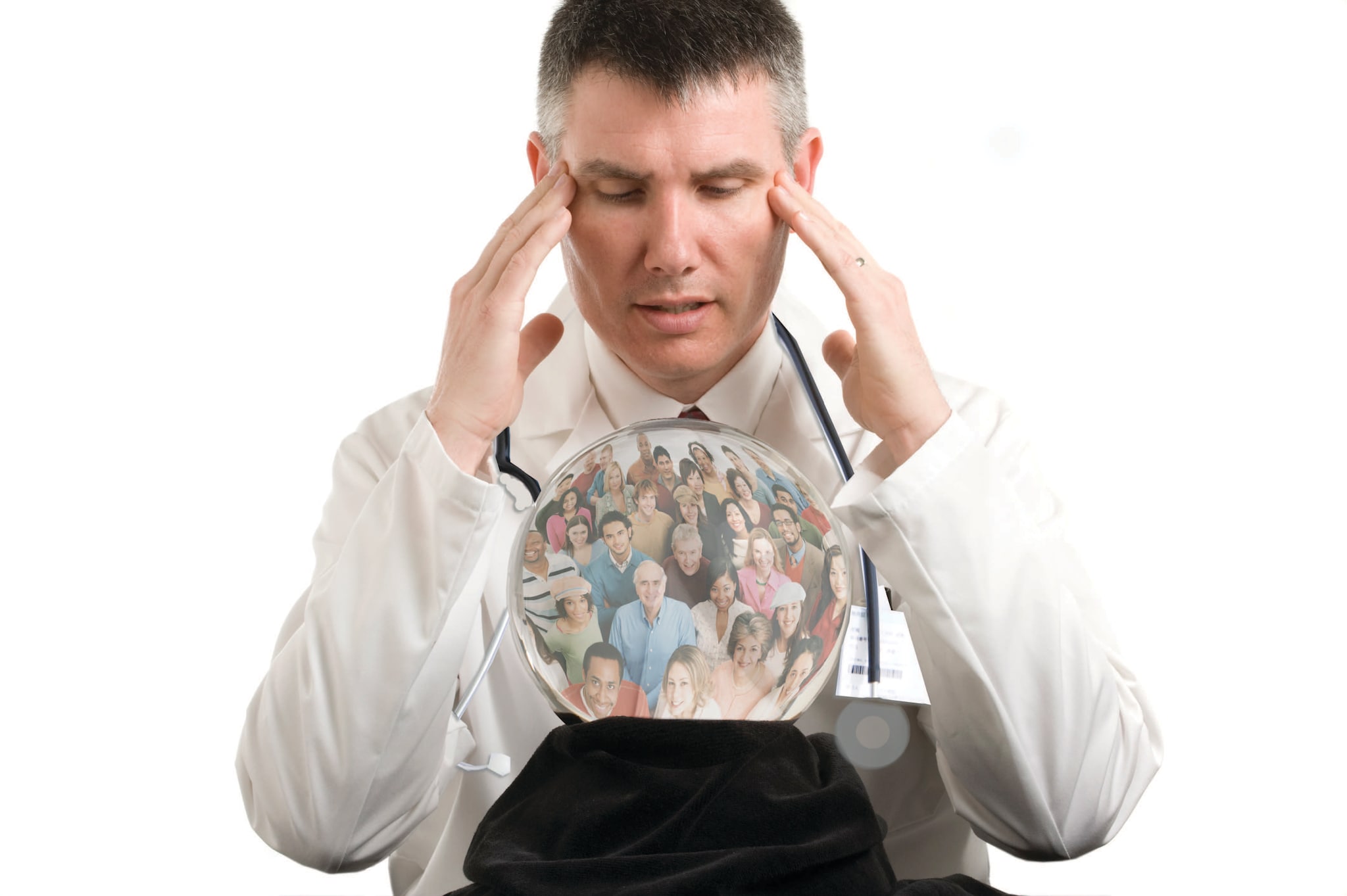 doctor looking into a crystal ball filled with people