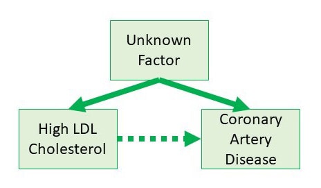 Unknown factor with arrow to LDL cholesterol and arrow to Coronary Artery Disease and a dotted arrow between them