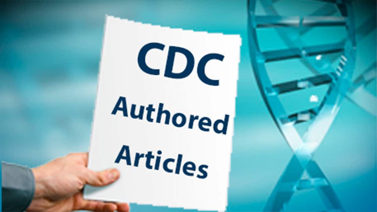 a hand holding a piece of paper with the text: CDC authored articles and DNA in the background