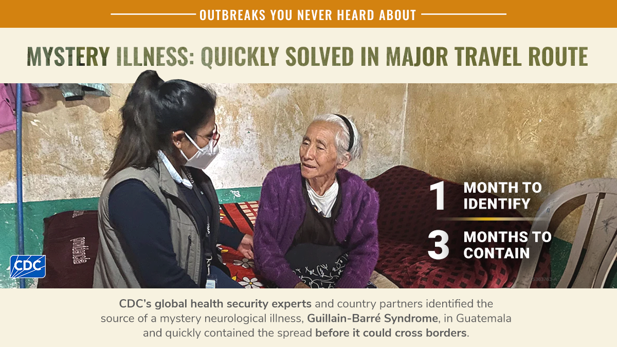 Woman being interviewed to gather information about outbreak. Mystery Illness: Quickly Solved in Major Travel Route. 1 month to identify, 3 months to contain.