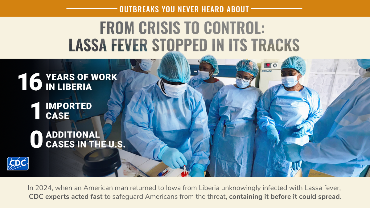 Health workers in protective gear work in a lab. From Crisis to Control: Lassa fever stopped in its tracks. 16 years of work in Liberia, 1 imported case and 0 additional cases in the U.S.