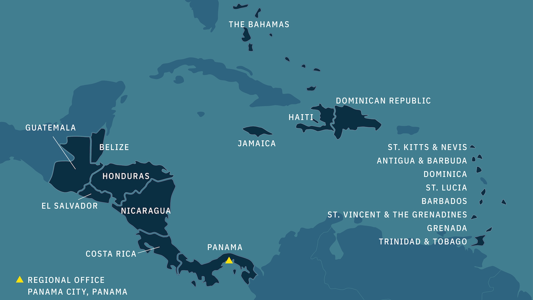 Countries included in the region: Belize, Costa Rica, El Salvador, Guatemala, Honduras, Nicaragua, Panama, Antigua and Barbuda, The Bahamas, Barbados, Dominica, Dominican Republic, Grenada, Guyana, Haiti, Jamaica, Saint Lucia, St. Kitts and Nevis, St. Vincent and the Grenadines, Suriname, Trinidad and Tobago
