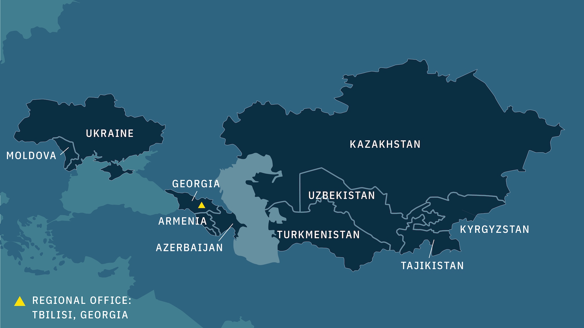 Map of countries included in the region: Armenia, Azerbaijan, Georgia, Kazakhstan, Kyrgyzstan, Moldova, Tajikistan, Turkmenistan, Ukraine, Uzbekistan