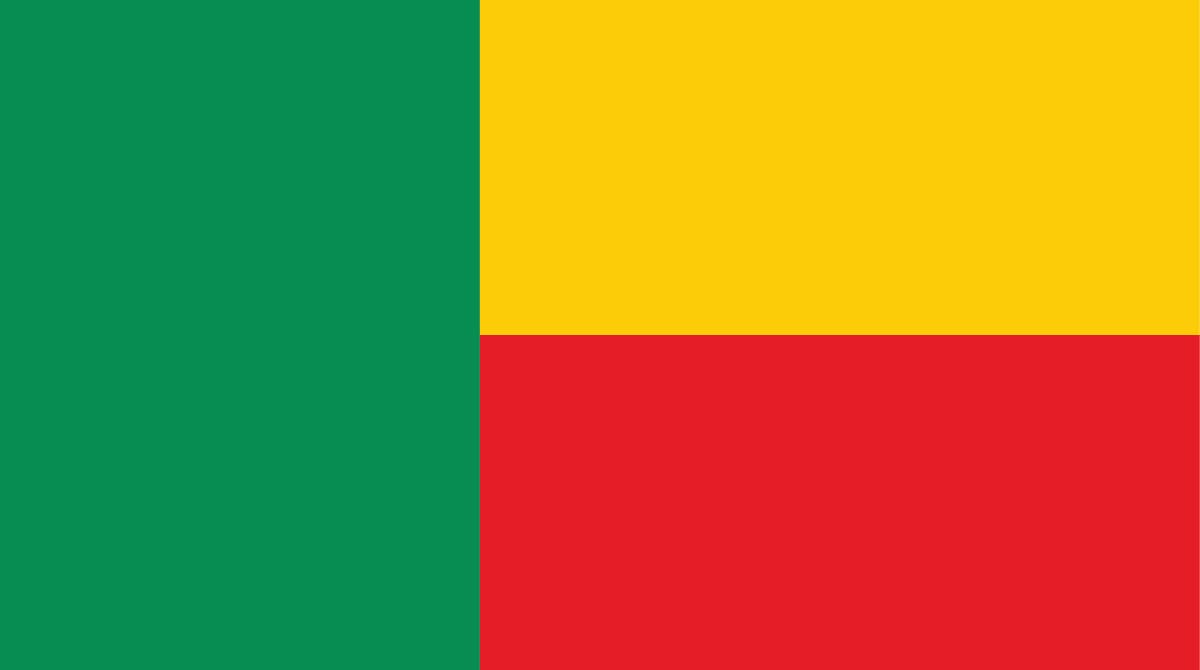 Flag of Benin with 2 horizontal lines one yellow at the top and a red one below it with a green line on the left handside.