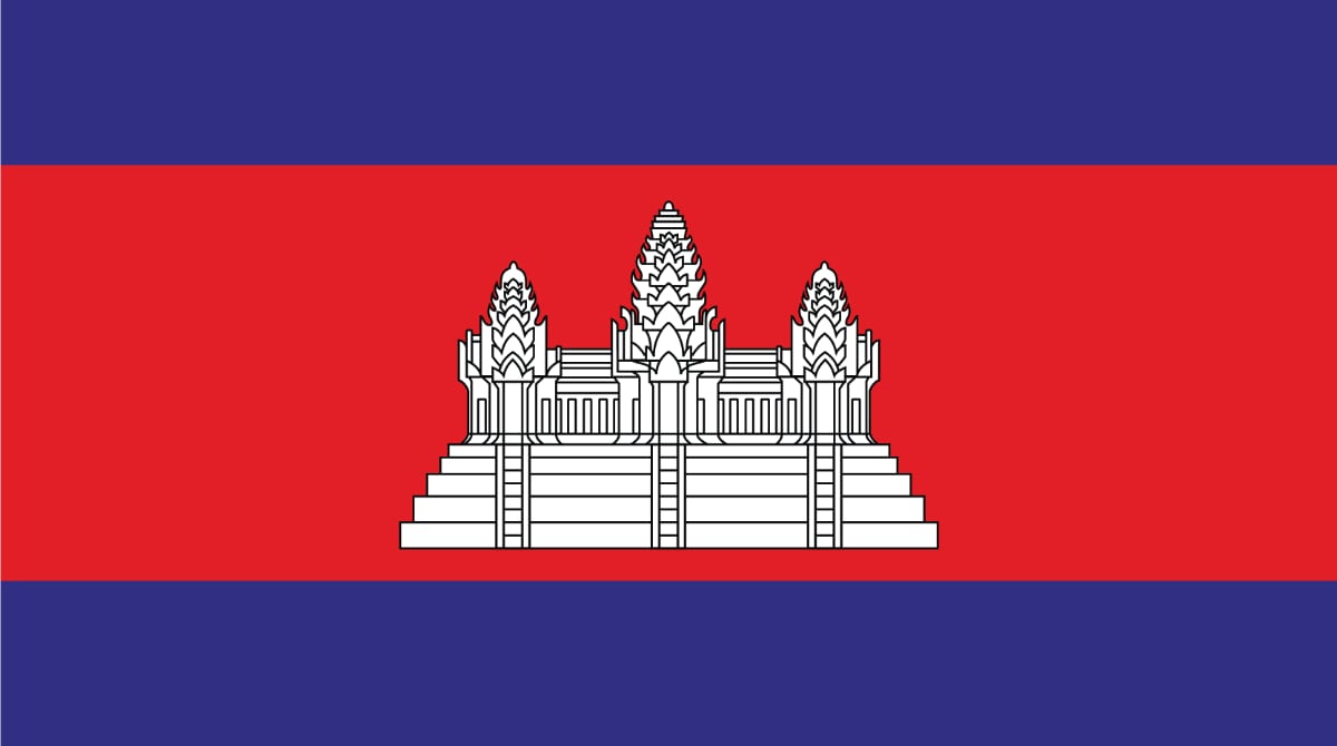 The flag of Cambodia consists of three horizontal stripes—blue on the top and bottom and a larger central red stripe. In the center of the red stripe is a white depiction of Angkor Wat temple.