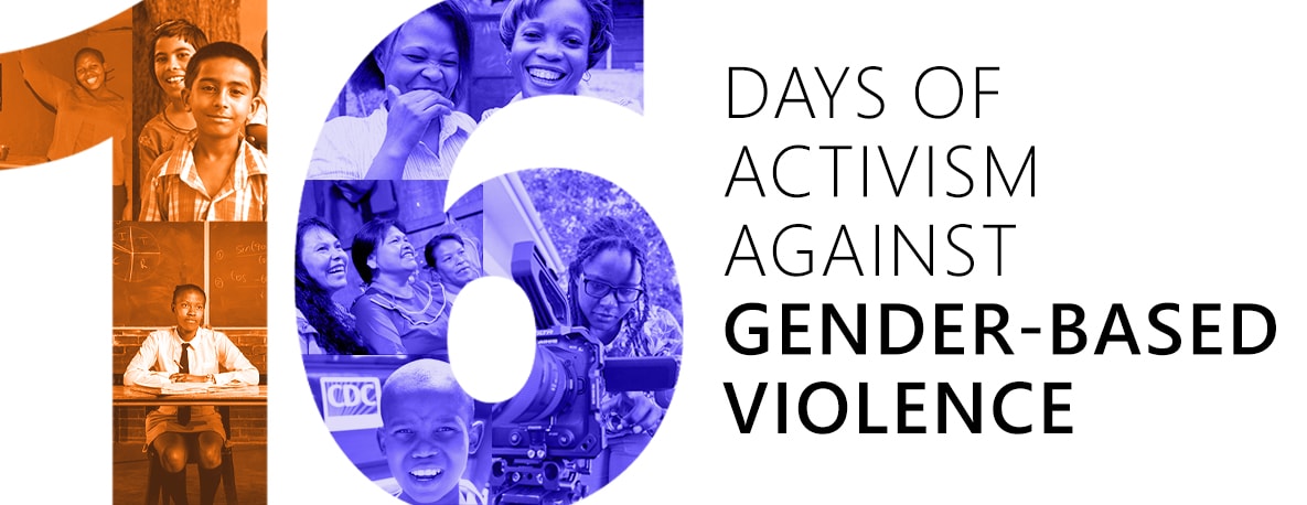 16 Days of Activism Against Gender-Based Violence. The 1 in 16 is tinted orange while the 6 in 16 is tinted purple. Both digits have various photos of people within them.
