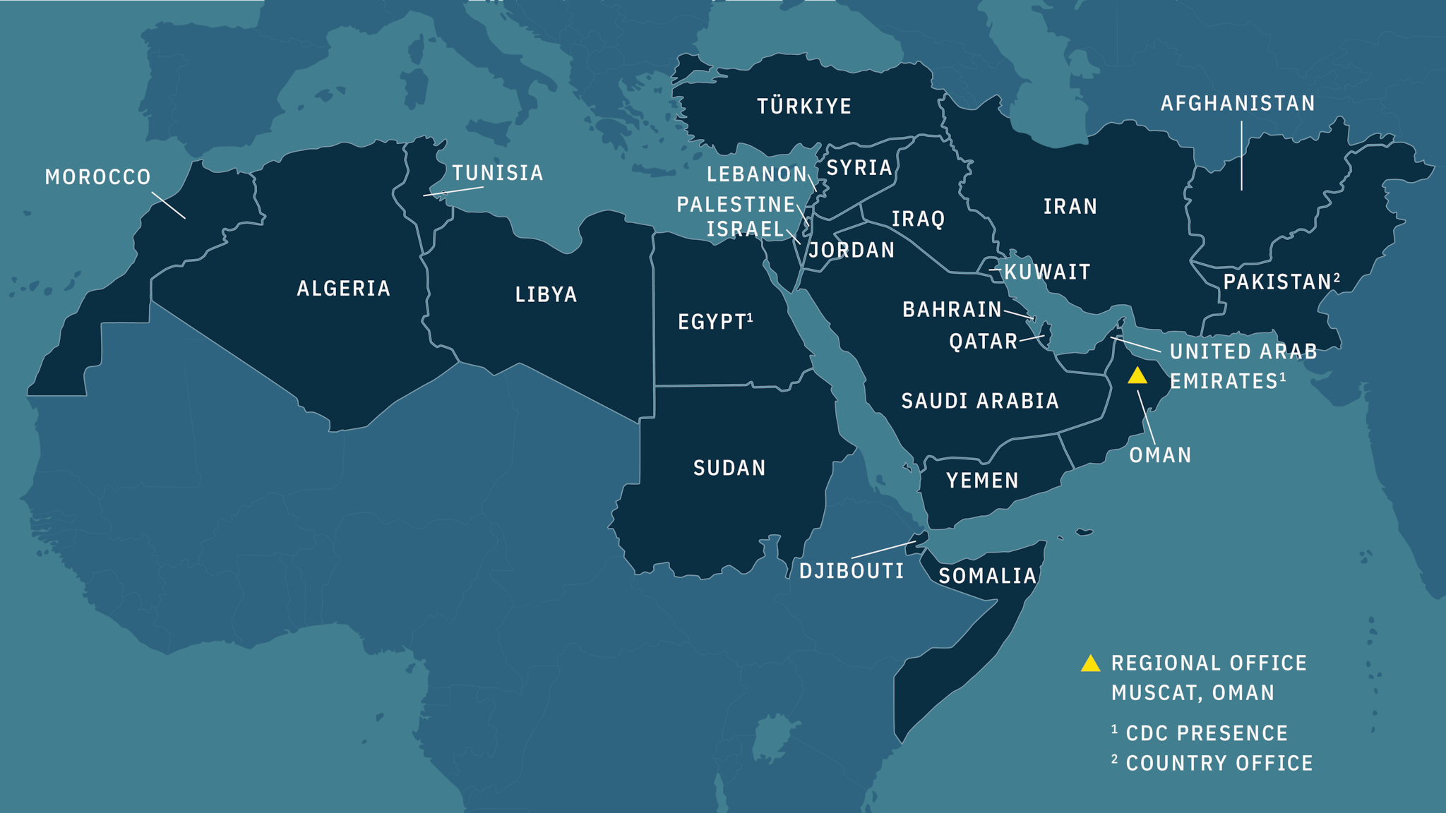 Map of countries covered in the MENA regional office: Afghanistan, Algeria, Bahrain, Djibouti, Egypt, Iran, Iraq, Israel, Jordan, Kuwait, Lebanon, Libya, Morocco, Oman, Pakistan, Palestine, Qatar, Saudi Arabia, Somalia, South Sudan, Syria, Tunisia, Türkiye, United Arab Emirates, Yemen