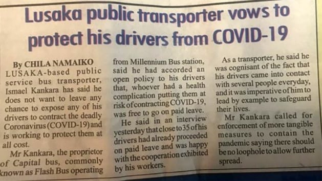 This image shows a scan from a local Zambian newspaper that reported on Khankhara. The headline reads "Lusaka public transporter vows to protect his drivers from COVID-19."