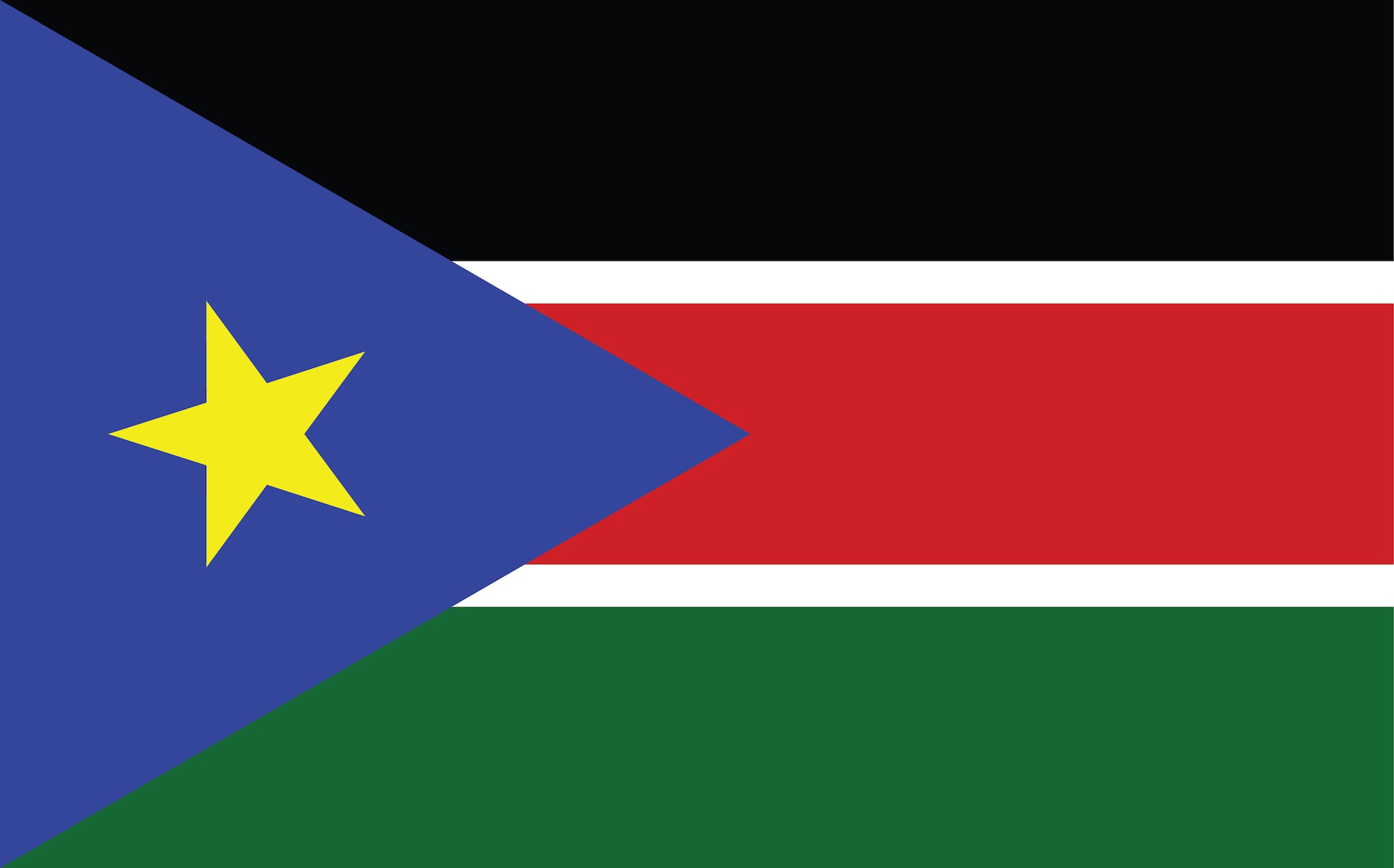 South Sudan flag. Three horizontal bands of black, red, and green. The red band is edged in white. A blue triangle based on the hoist side contains a gold, five-pointed star.