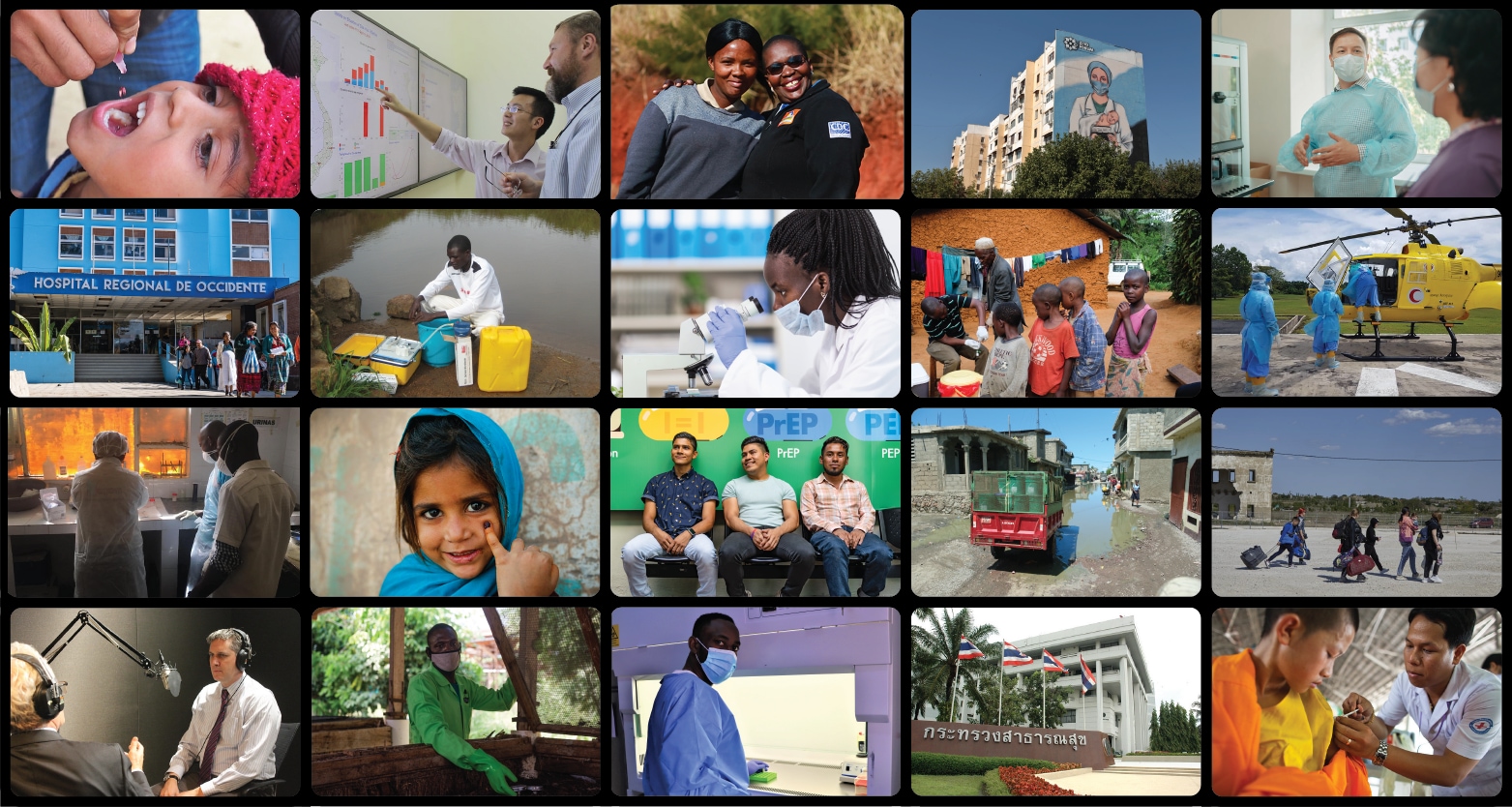 Collage of 20 images showcasing global health work, black lines around each image..