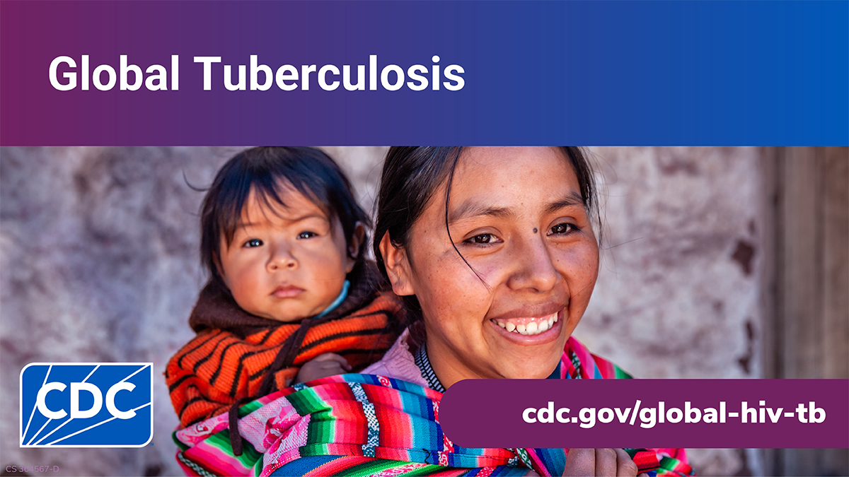 Text: Global Tuberculosis Overview. Photo of woman smiling with baby on back (thumbnail)