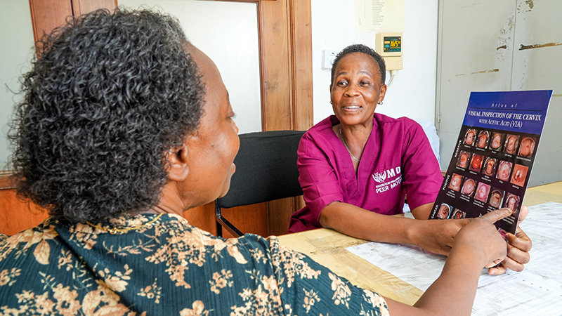 A healthcare worker in pink scrubs discusses cervical cancer screening with a woman while pointing to an educational visual aid.