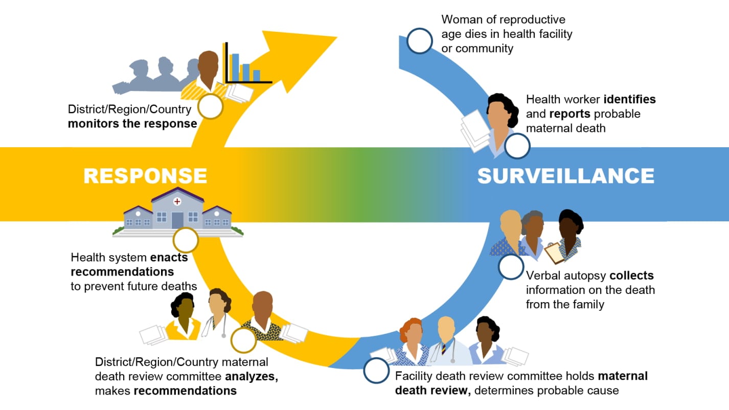 The Maternal Death Surveillance and Response cycle is shown as a circle that starts blue (surveillance actions) and progresses to yellow (response actions). The MDSR cycle begins with an individual maternal death and progresses through steps of reporting (image of an individual health facility staff member and report forms) and collecting information on the death (image of 3 staff members and clipboard). The cycle continues with committees reviewing information on maternal deaths and making recommendations to prevent maternal deaths (images of committees of 3 health staff and of a building representing the health system), up to the national level where all deaths and recommendations are tracked (image of a health information staff member and a bar chart).