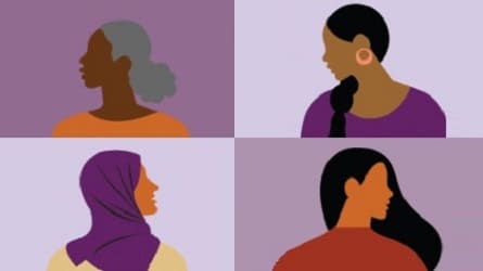 image contains four purple blocks with a woman depicted in each