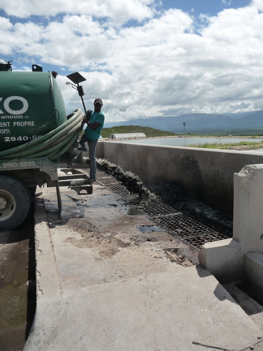 Fecal sludge dumping at the Morne a Cabri wastewater stabilization pond CDC evaluated in Haiti.