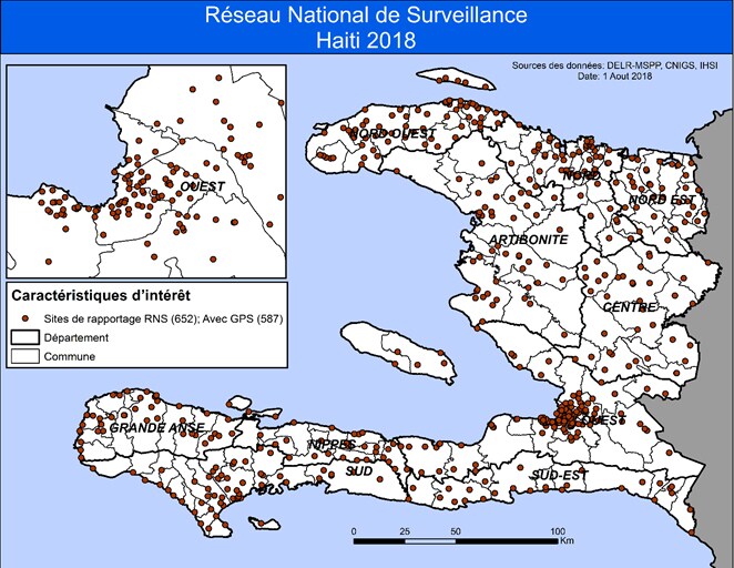 Figure 1. NESN Sites, Haiti, 2018. Data Source : MSPP/DELR