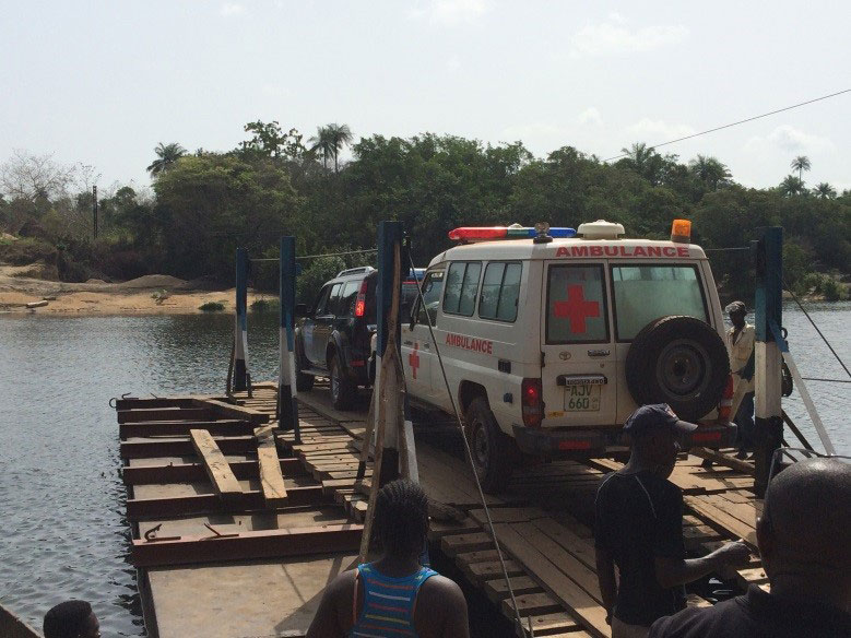 Roving ambulance exhibits by CDC, WHO, UNICEF, and District Health Management Team in Port Loko, Sierra Leone, sometimes required transporting vehicles across rivers to reach remote villages.