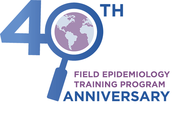 FETP 40th Anniversary Logo, including a magnifying glass over the globe
