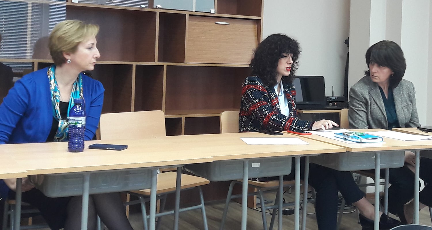 Lia Sanodze (right) preparing for the Frontline course with coordinator Ana Kasradze (center) and trainer Ketevan Galdavadze (left) during November 2019.