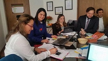 Work group in Colombia planning for years two and three of the project. Individuals photographed from left to right: Ms. May Bibiana Osorio, Dr. Martha Luc%26iacute;a Osp%26iacute;na, Dr. Maritza Gonzalez, Dr. Andres Espinosa-Bode.