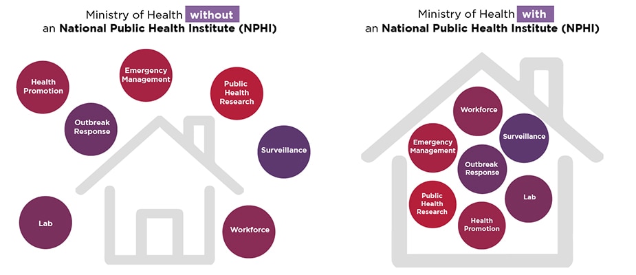 Ministry of Health without versus with an NPHI (National Public Health Institute): without an NPHI, the areas of work (Outbreak Response, Lab, Workforce, Health Promotion, Emergency Management, Public Health Research, and Surveillance), are separate and isolated. Within an NPHI, all of the areas are together, improving coordination.